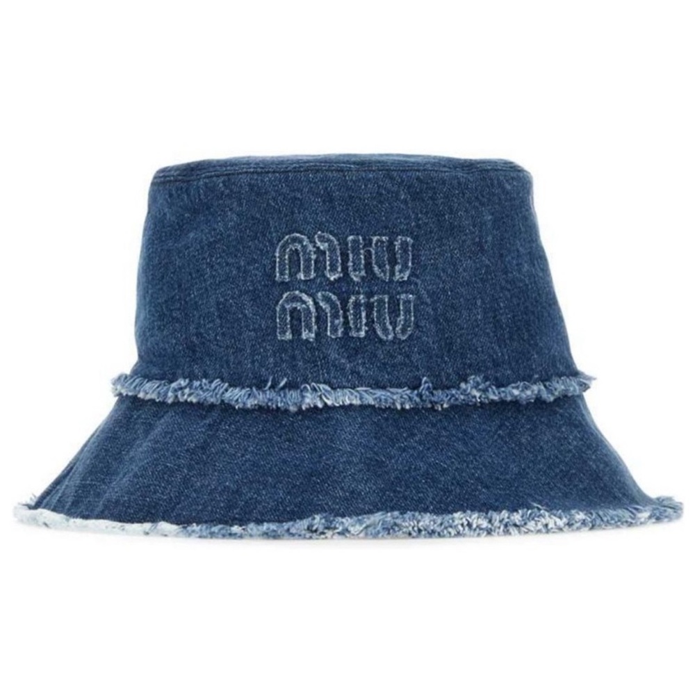 Miu Miu Blue Denim Bucket Hat with Frayed Edges